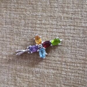Multi Gem Stone Sterling Silver Cross Pendant